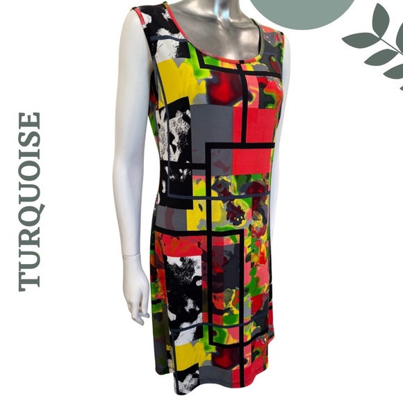 🛍️3/$40 Turquoise Multicolor Modern Art Dress | Graphic Sleeveless Fit | Medium - Picture 3 of 7